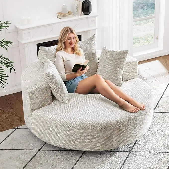Oversized Round Swivel Chaise Longue Indoor Upholstered Chenille Deep Seat