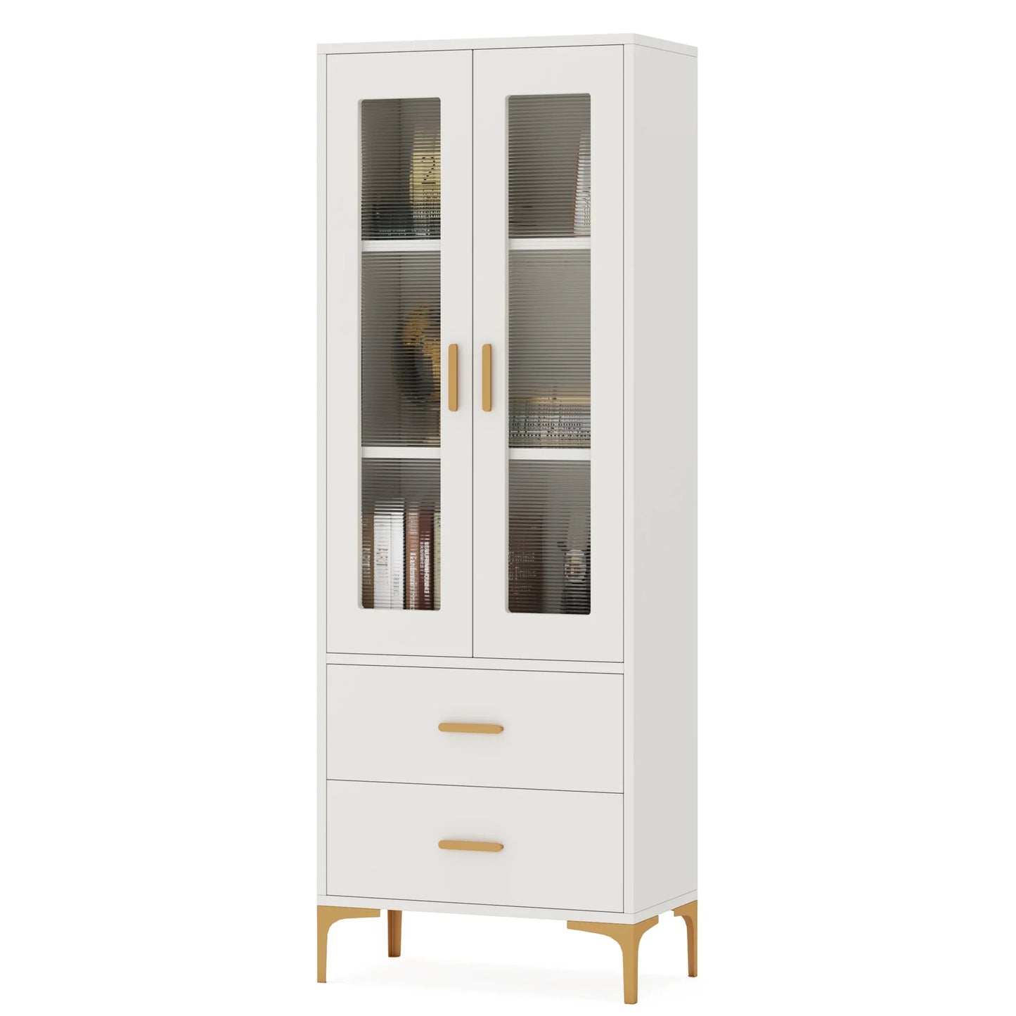 Tribesigns Bookcase With LED Light And Doors Drawers