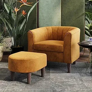 Mid Century Modern Chenille Barrel Chair With Ottoman