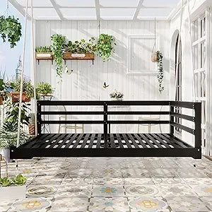 MKDK Acacia Wood Hanging Porch Swing Bed With Hemp Rope