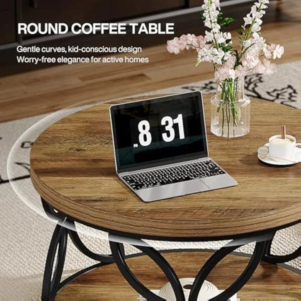 ANGDUO Round Coffee Table With Storage 2 Tier Center Table