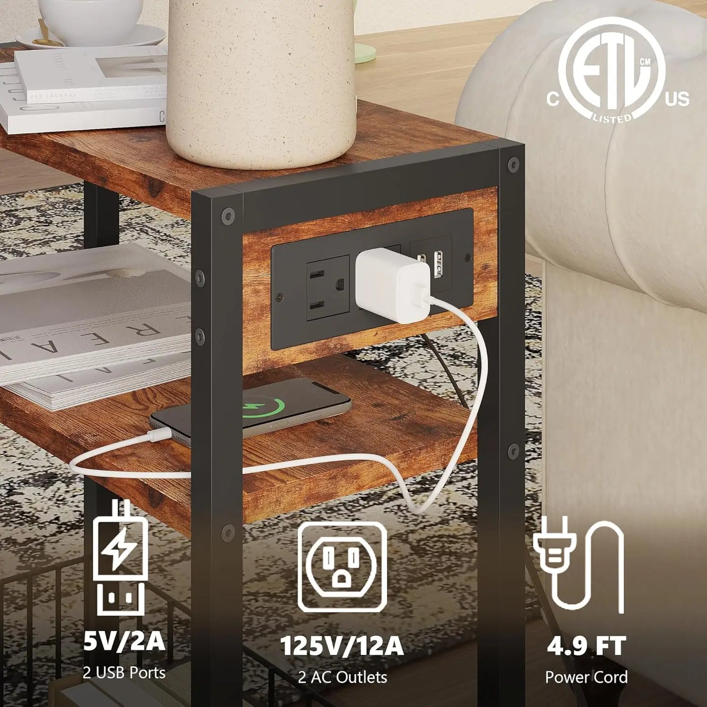 General Narrow Side Table With Charging Station Set