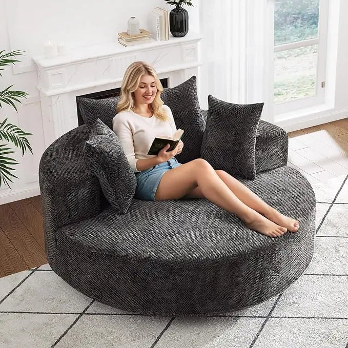 Oversized Round Swivel Chaise Longue Indoor Upholstered Chenille Deep Seat