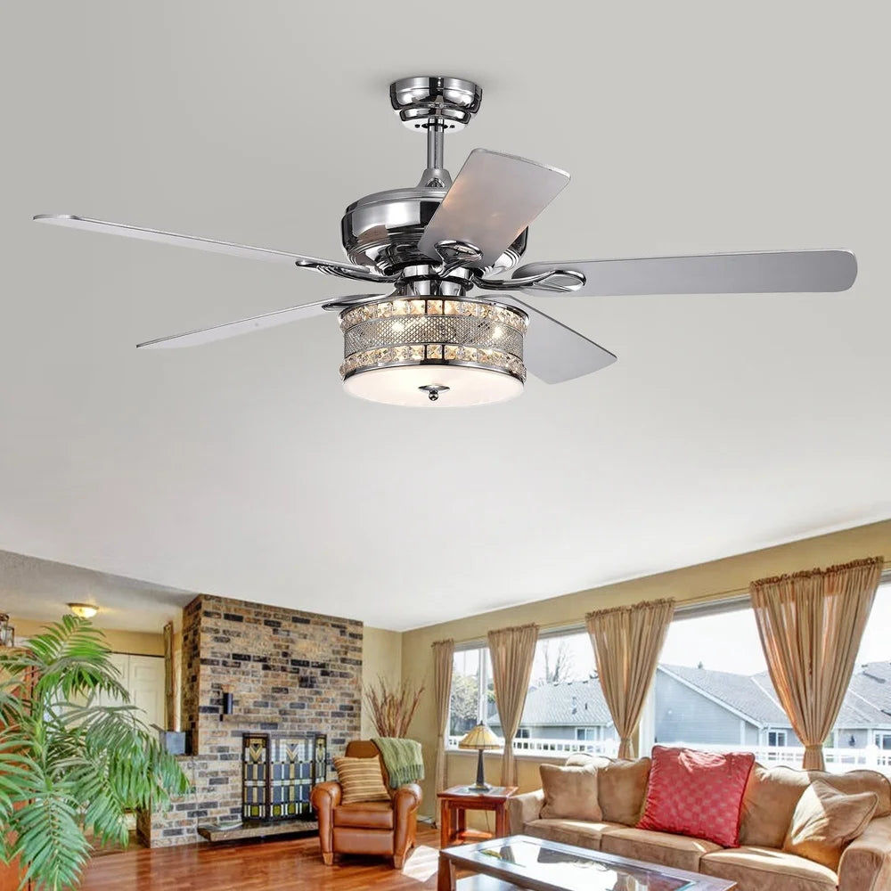 XMSJ Modern 5 Blade Chrome Ceiling Fan Crystal Light