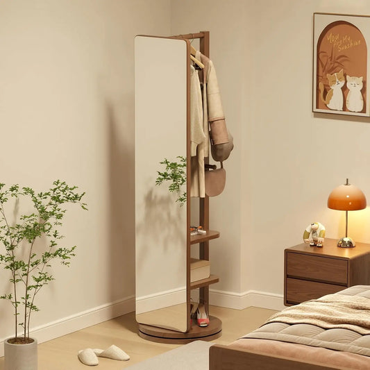 OEING Full Length Mirror With Coat Rack Solid Wood Standing