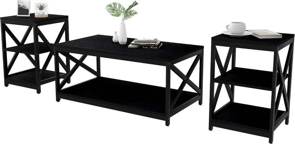High Concerned Industrial X Design Coffee Table Set 3 Storage