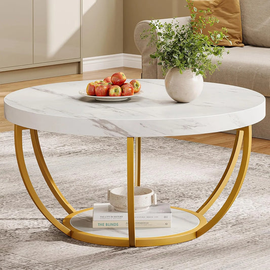 Hign-concerned Faux White Marble Two-Tier Coffee Table With Metal Legs