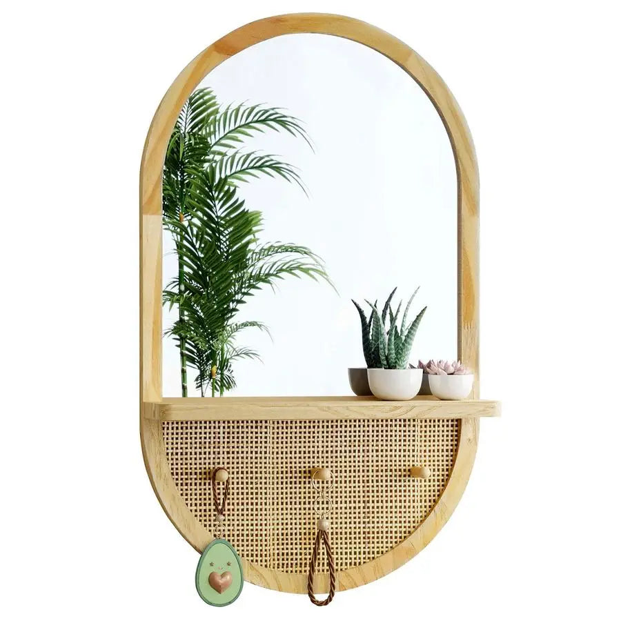 Mirror with Hooks, 30x18 Inch Boho Wall Mirror with Removable Shelf, Oval Solid Wood Framed, Handmade Rattan Mirror for Entryway