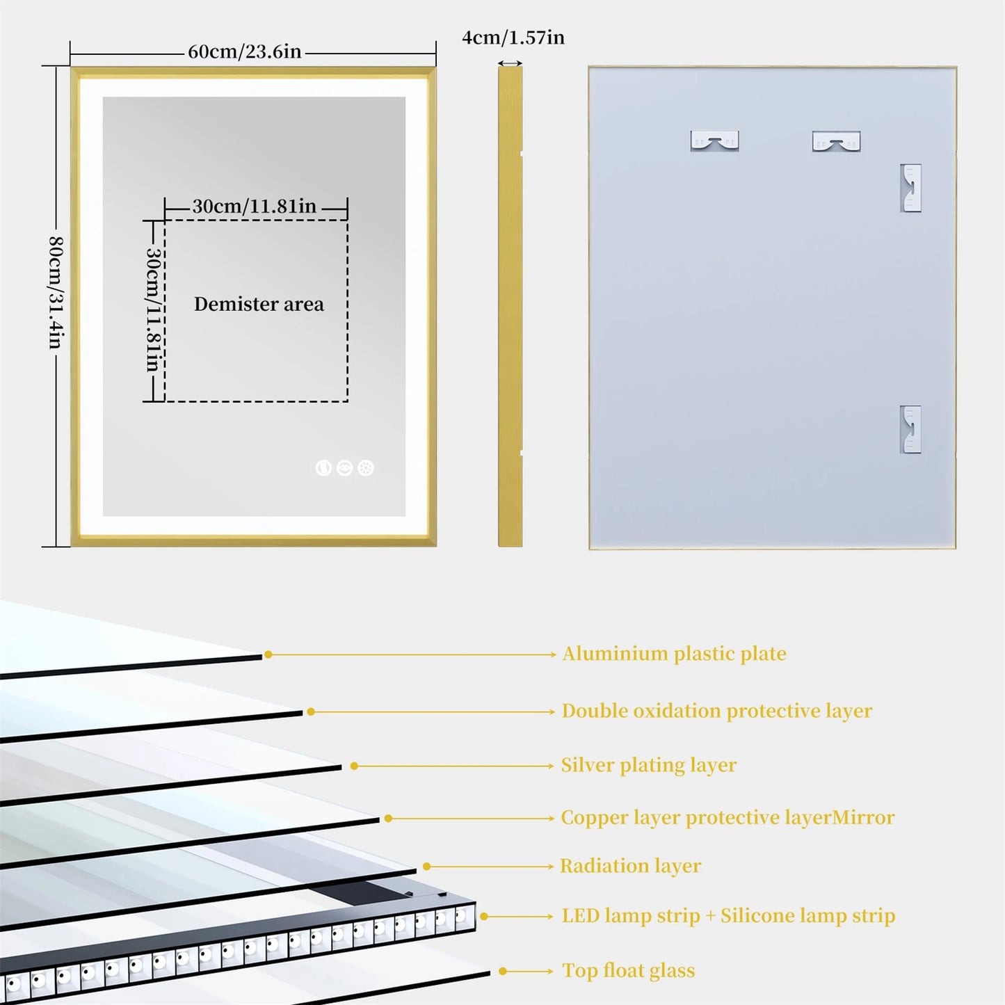 Smart LED Bathroom Mirror Demister Touch Sensor Gold Brushed Brass Frame Anti-Fog Vanity Wall Mirror 3 Sizes