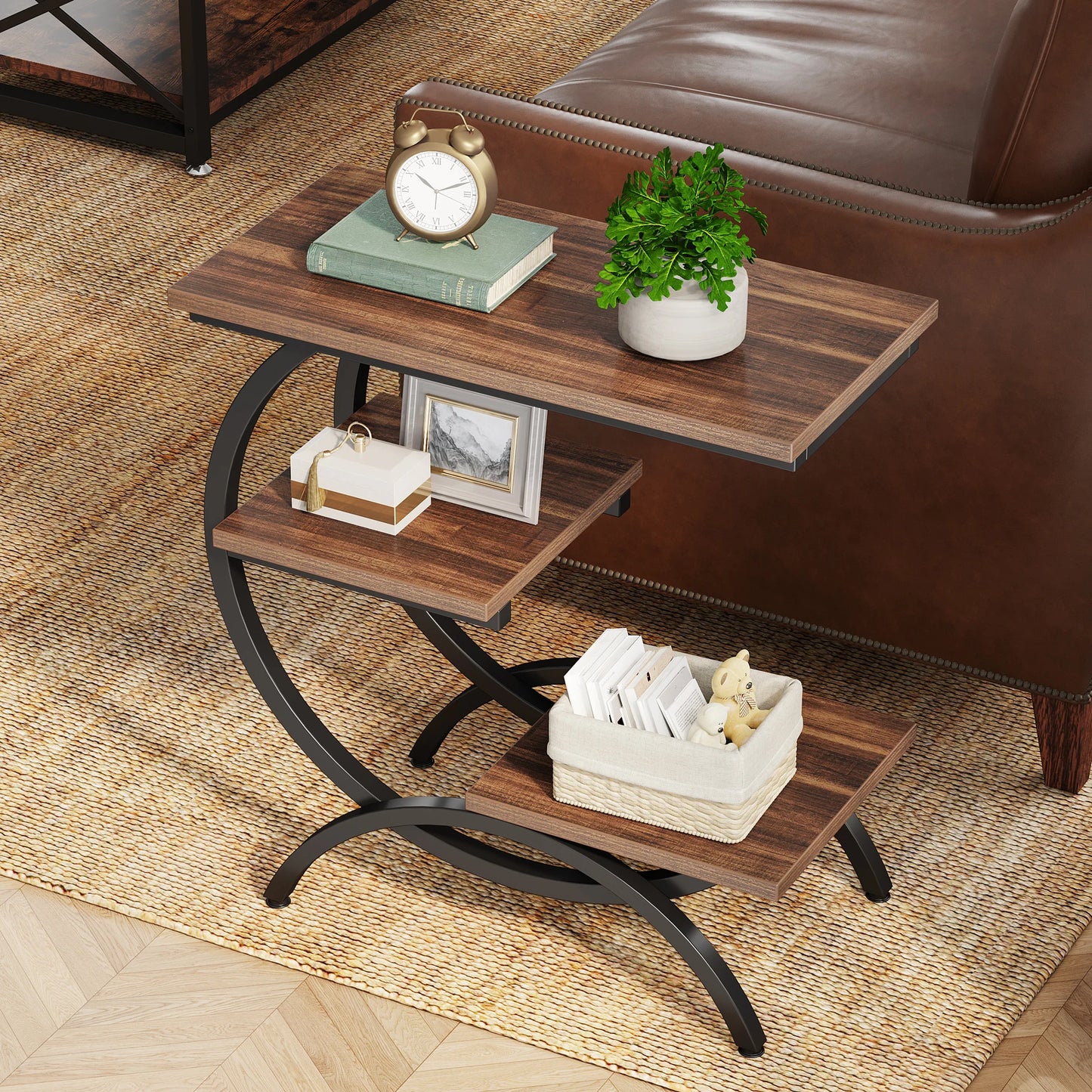 Tribesigns C Shaped End Table Industrial 3 Tier Sofa Table