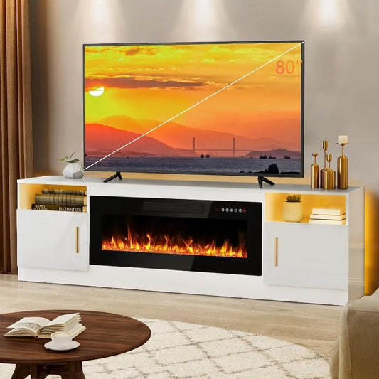 Fireplace TV Stand With Electric Insert And Storage Unit