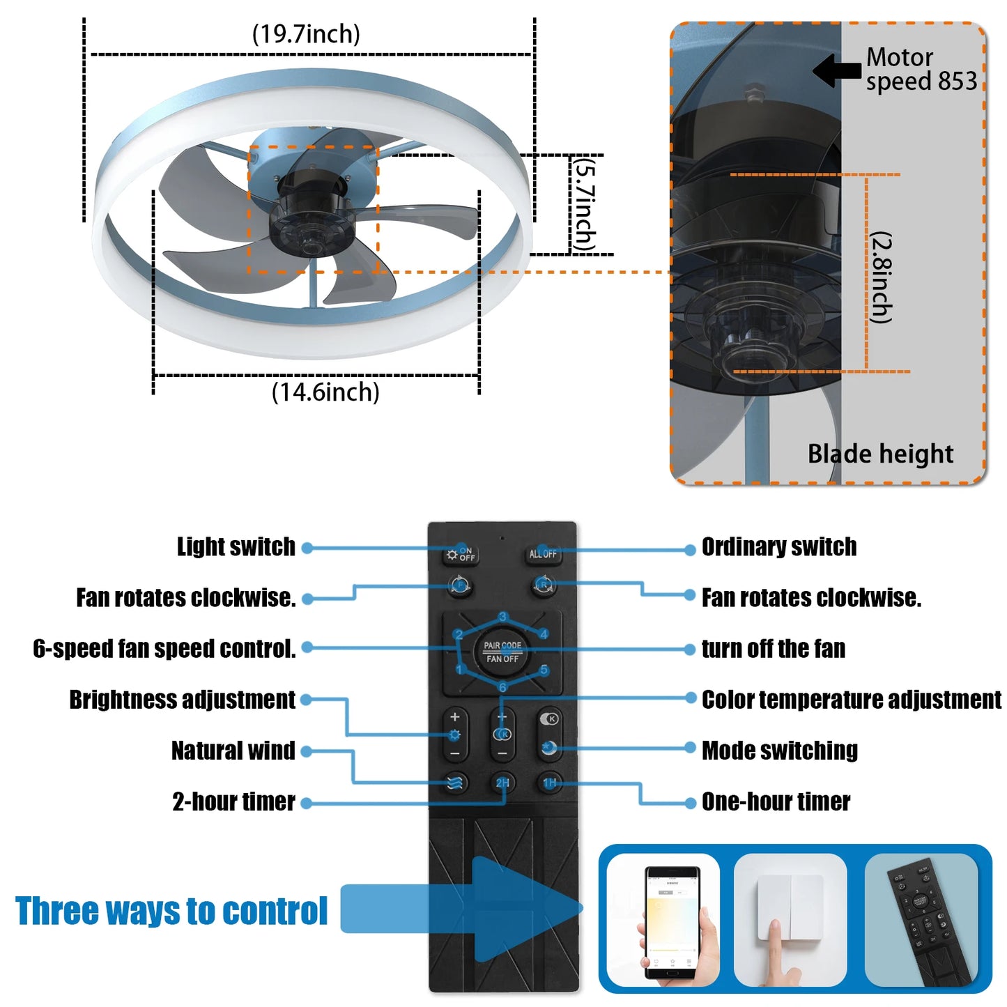 ARLGSITE Modern Ceiling Fan with LED Light 6 Speed Remote