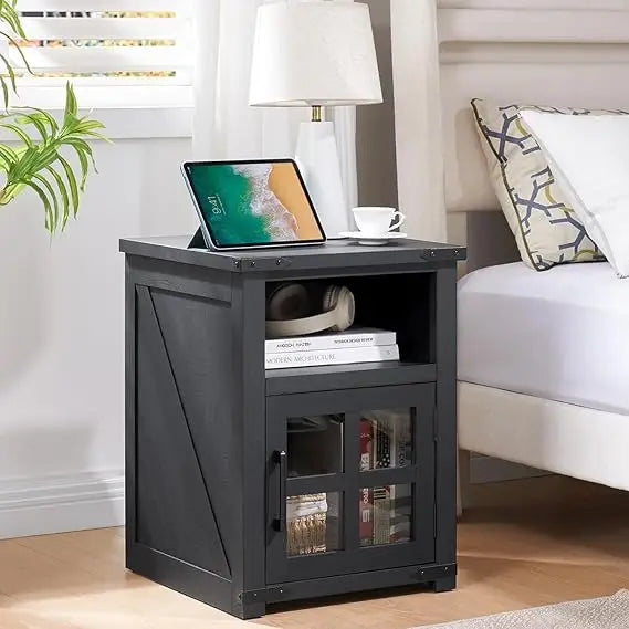 MKDK Farmhouse Nightstand With Charging Station Rustic