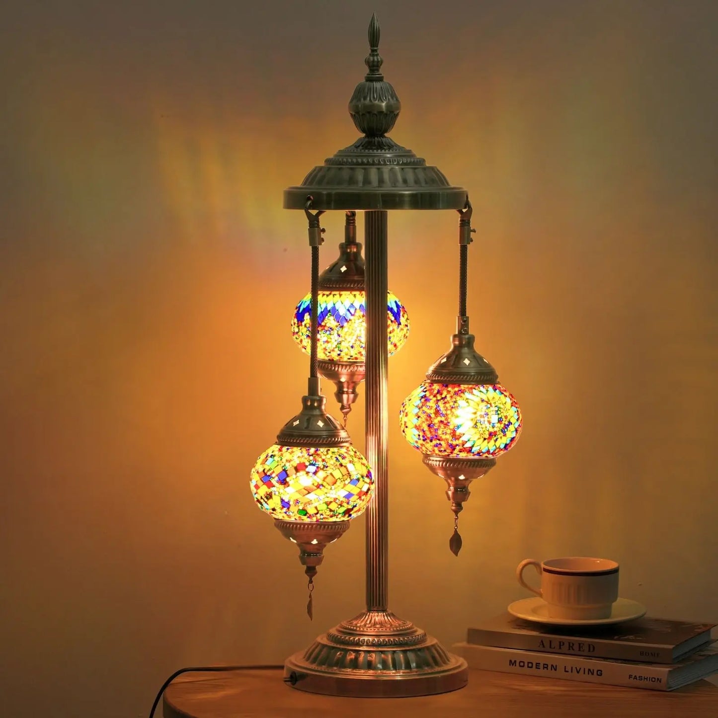 Turkish Mosaic Table Lamp With Three Handmade Glass Globes