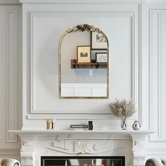 LUVODI Baroque Arch Wall Mirror Decorative Metal Frame Vintage Resin Rose Pattern for Entryway,Fireplace,Living Room,Hallway