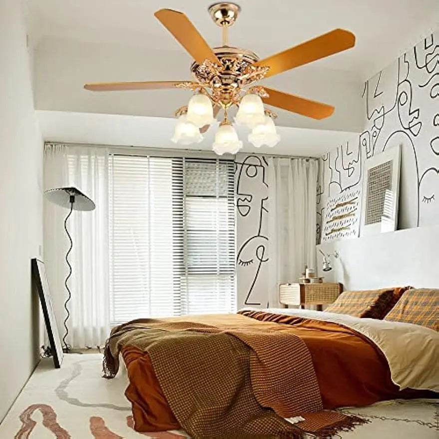 Modern Ceiling Fan With Remote Control And Five Wood Blades
