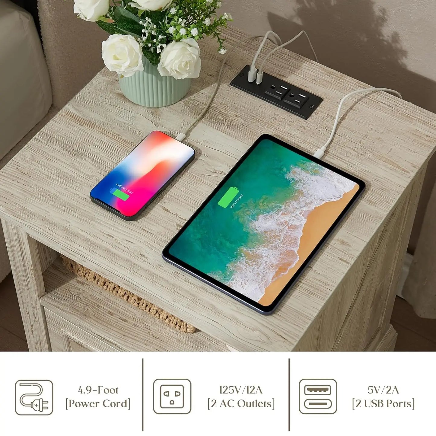 HUANZHUANG Nightstand Set of 2 With Charging Station