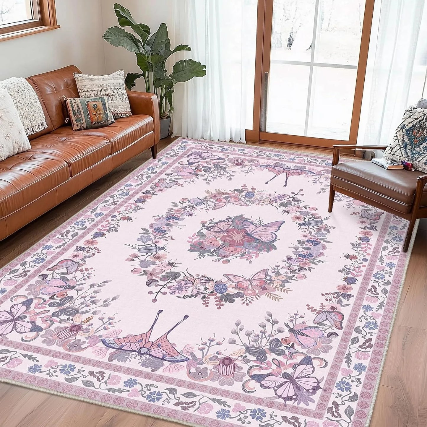 Vintage Living Room Butterfly Floral Area Rug Non Slip Soft Tapis
