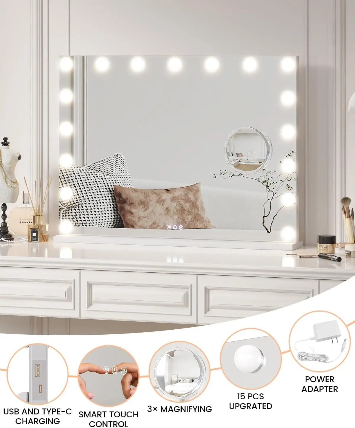 Feature Vanity Mirror With Lights Dimmable Modes 3X