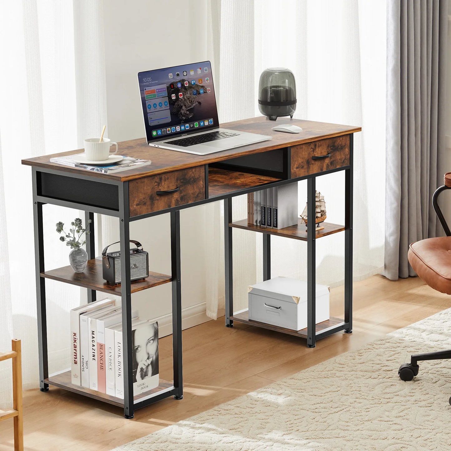 JHK Double Deck Office Desk With Fabric Storage Drawers