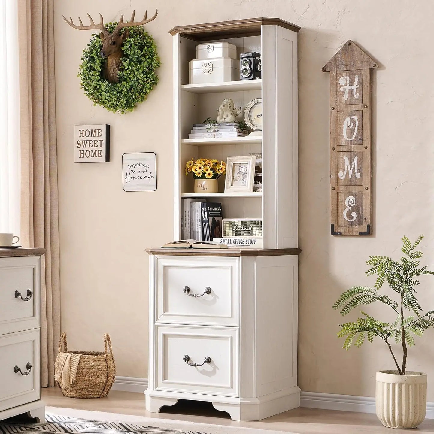 XMSJH Farmhouse Bookcase With File Drawers And Shelves