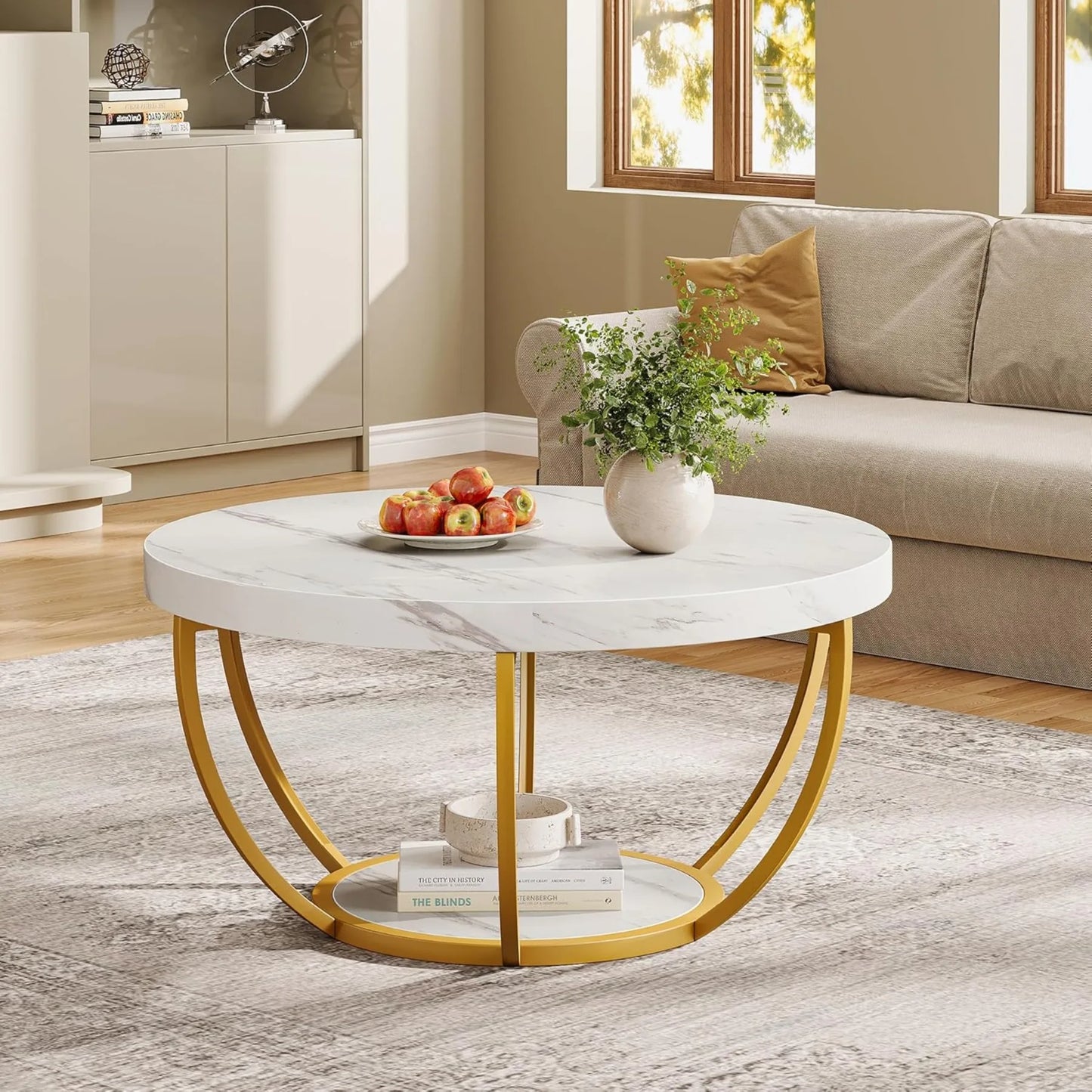 Hign-concerned Faux White Marble Two-Tier Coffee Table With Metal Legs