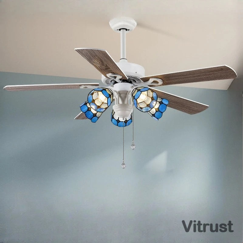 VITRUST Scandinavian Style Ceiling Fan Lamp With Tiffany Glass Shade