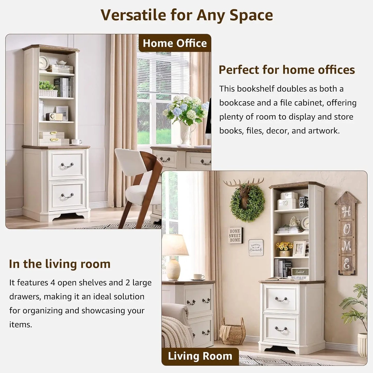 XMSJH Farmhouse Bookcase With File Drawers And Shelves