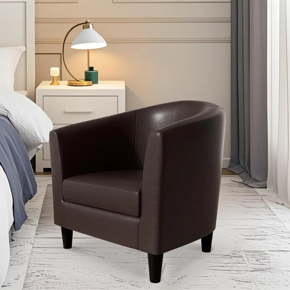 Barrel Leather Accent Chair With Solid Wood Legs Padded Seat