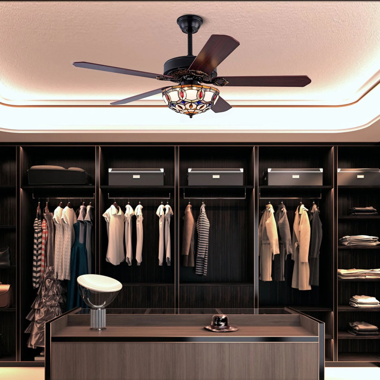 Bymaocar Tiffany Ceiling Fan With Remote Control Three Lights