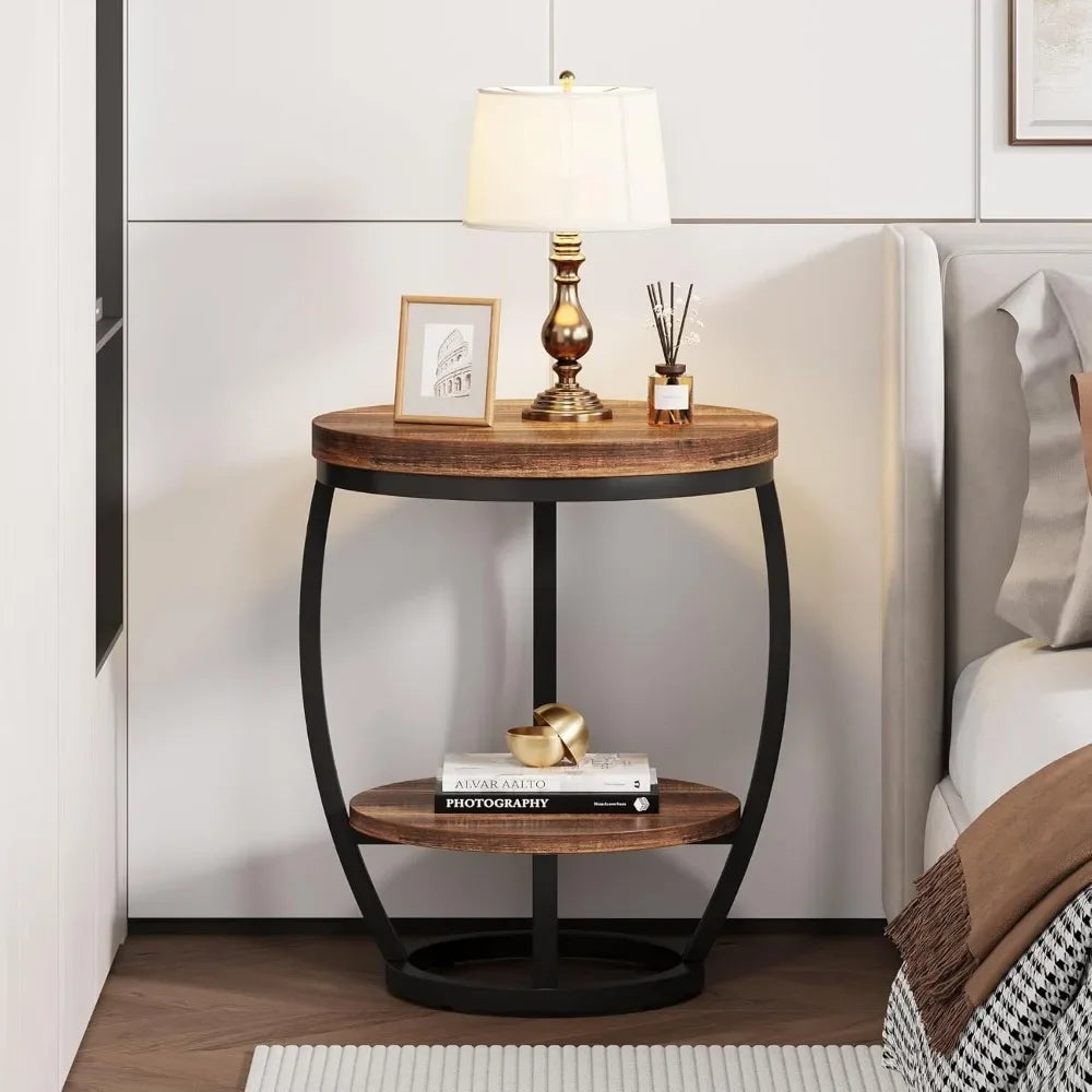 Guangbai Round End Table Two Tier Industrial Nightstand