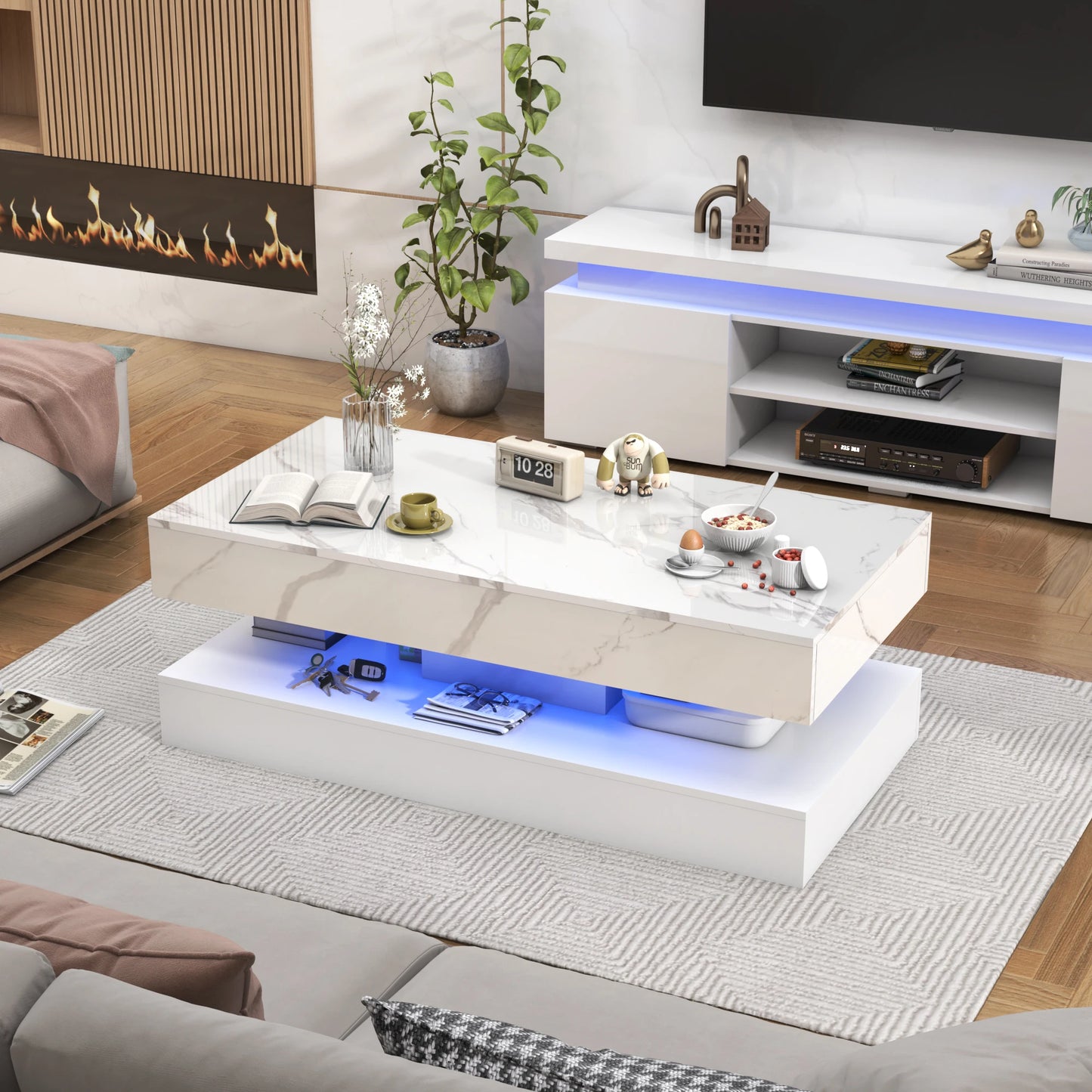 QiaoShiRen Modern LED Coffee Table Double Storage Drawers