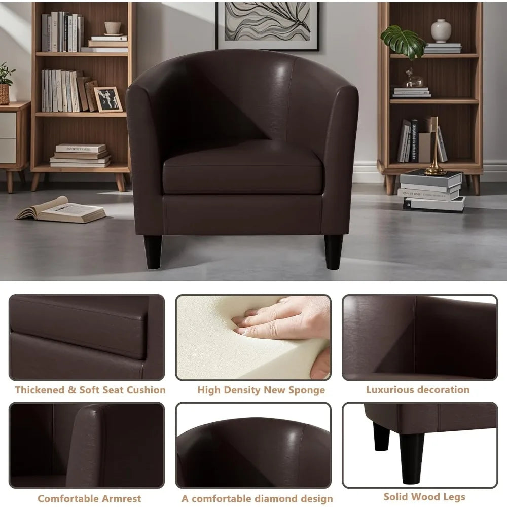 Barrel Leather Accent Chair With Solid Wood Legs Padded Seat
