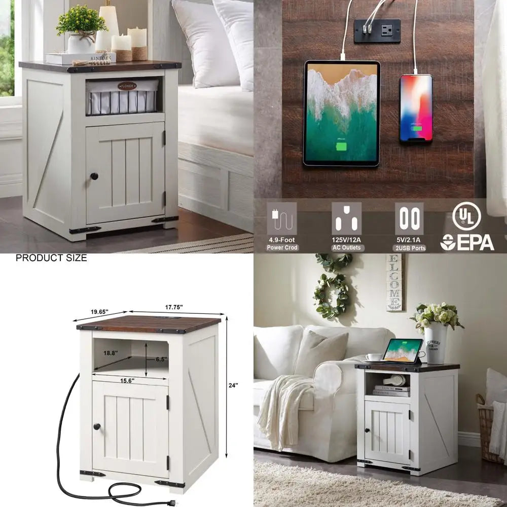 Color Farmhouse Nightstand With Barn Door Charging Station