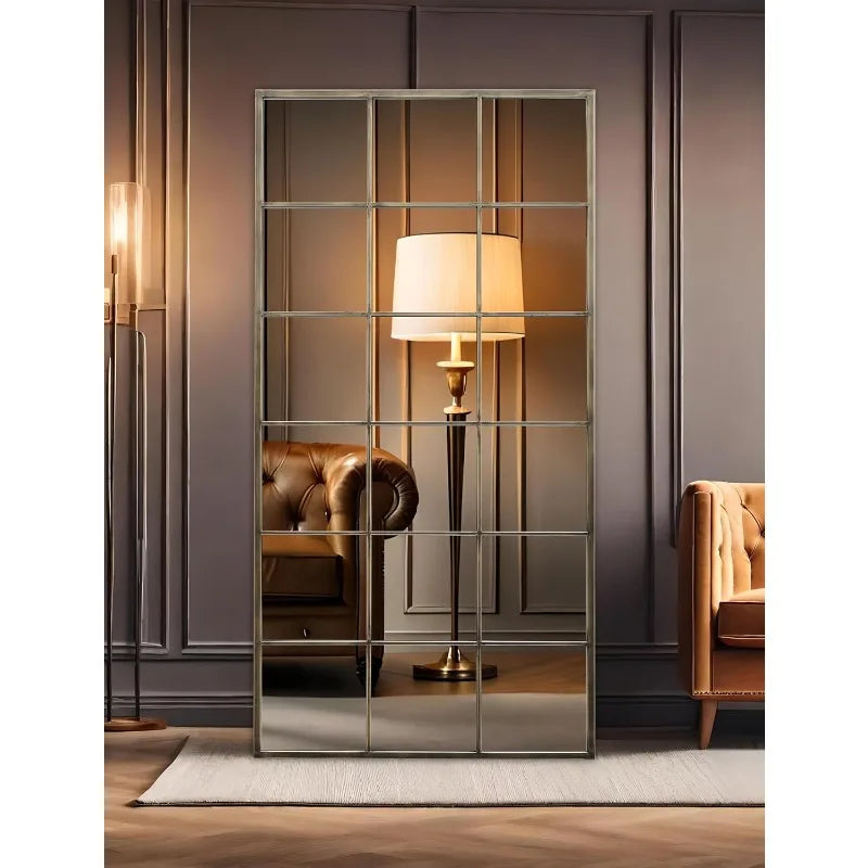 Metal Gold Vintage Windowpane Wall Mirror Large Rectangular