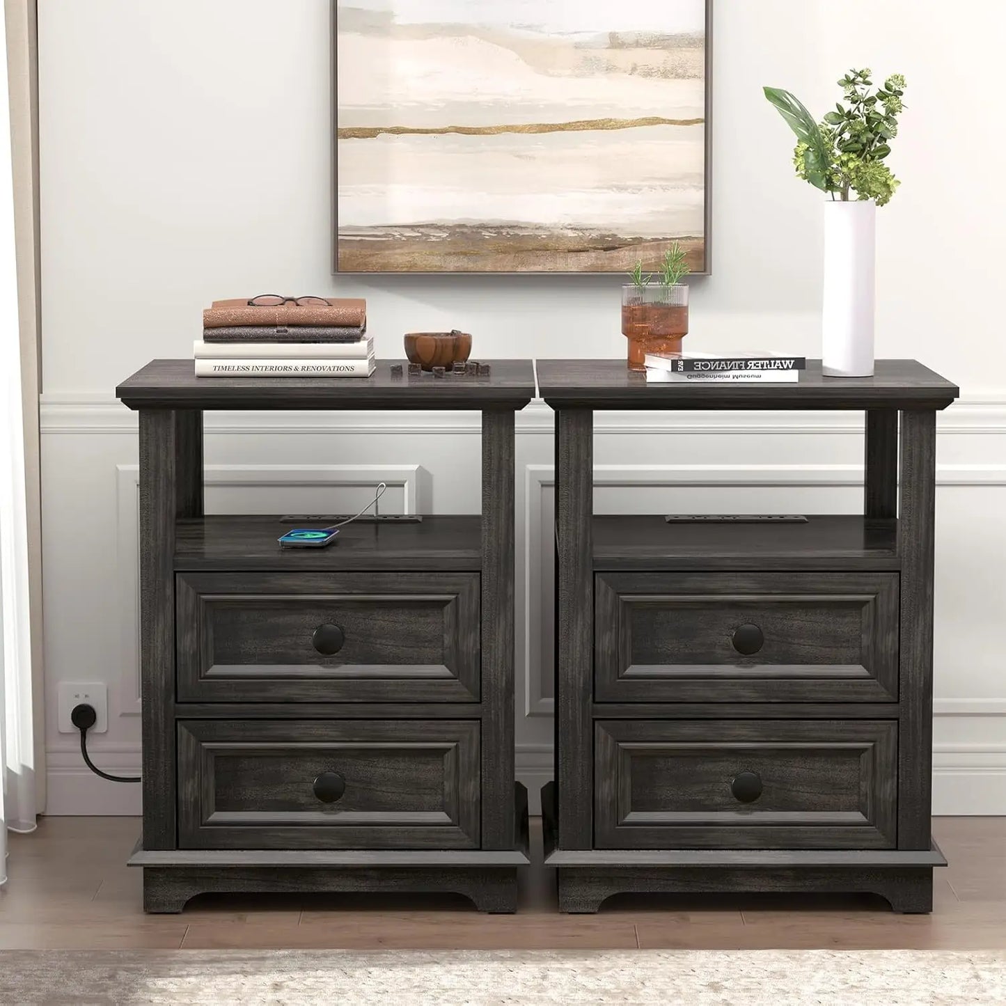 HUANZHUANG End Tables Set 2 With Drawers And Fast Charge
