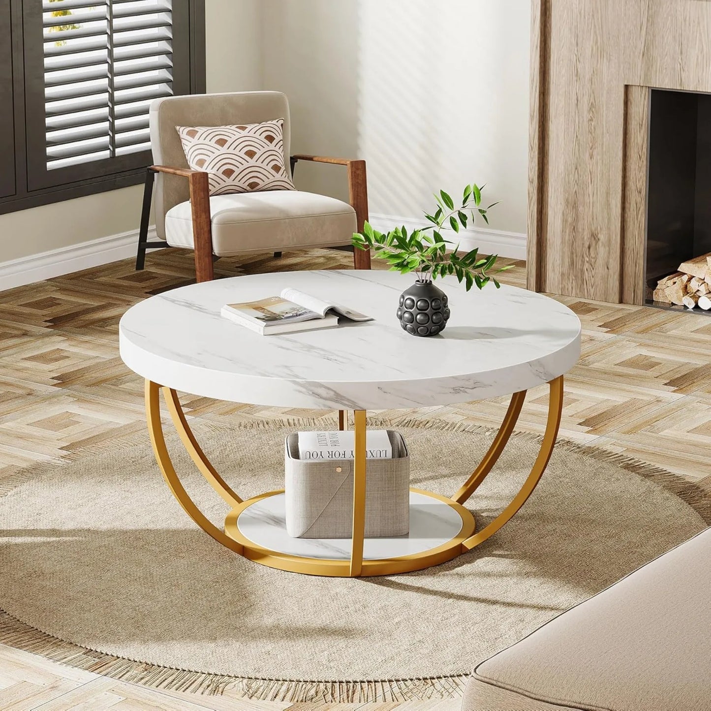 Hign-concerned Faux White Marble Two-Tier Coffee Table With Metal Legs