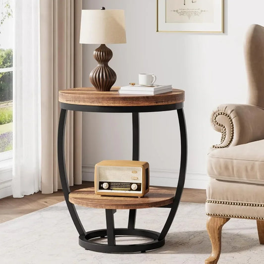 Guangbai Round End Table Two Tier Industrial Nightstand