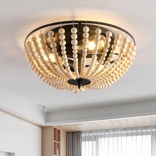 Boho 3 Light Flush Mount Wood Bead Ceiling Fixture