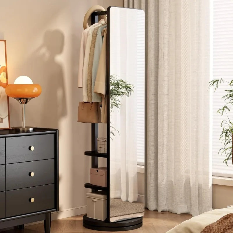 OEING Full Length Mirror With Coat Rack Solid Wood Standing