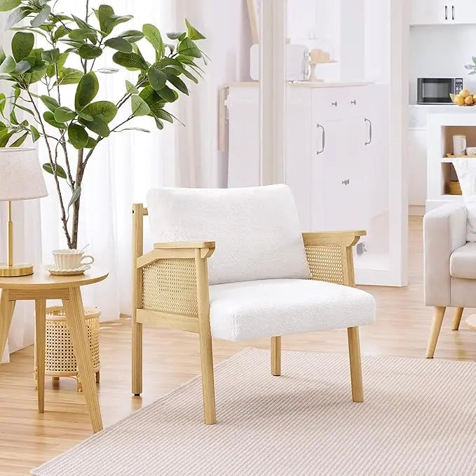 GUANGBAI Mid Century Boucle Accent Chair With Rattan Back