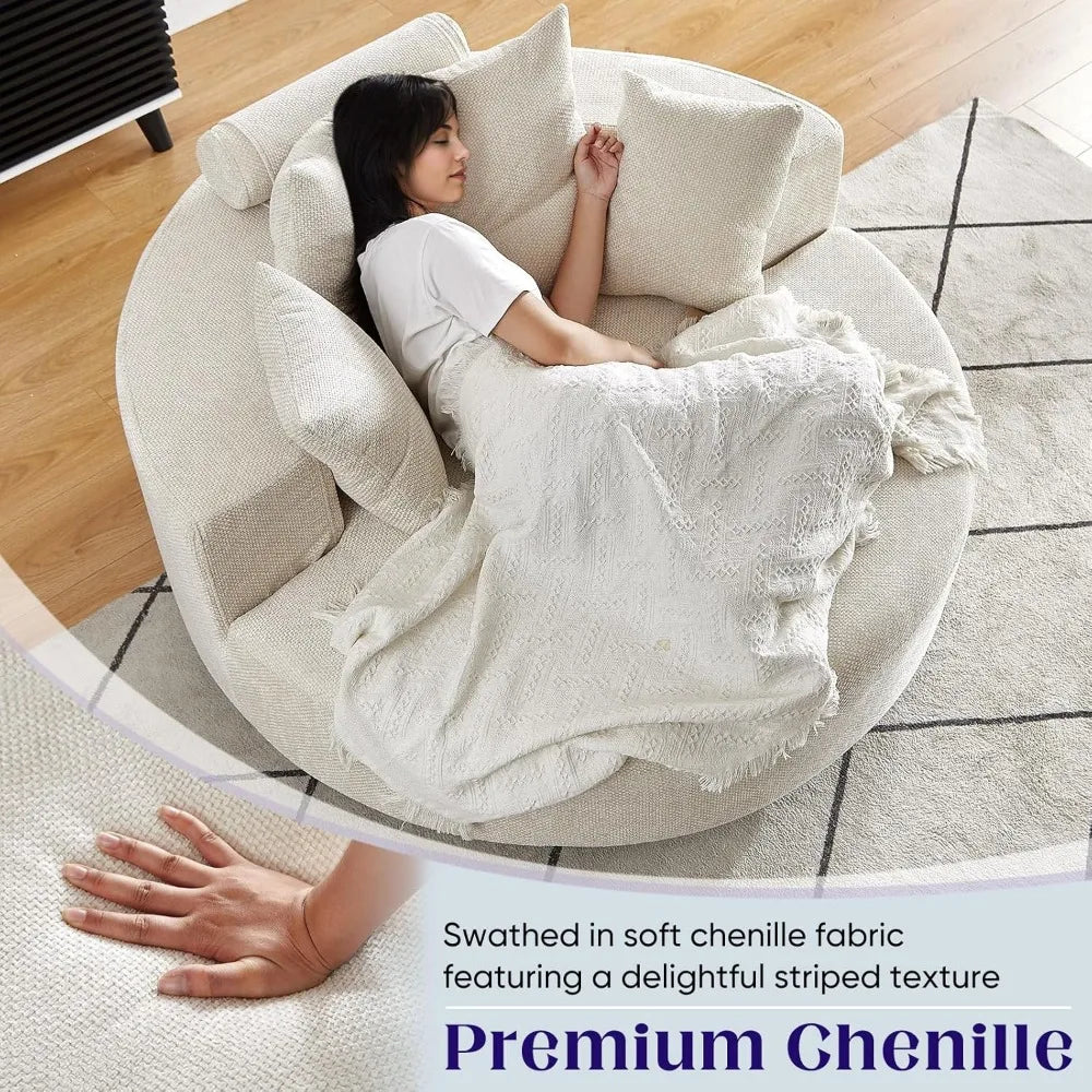 Oversized Round Swivel Chaise Longue Indoor Upholstered Chenille Deep Seat