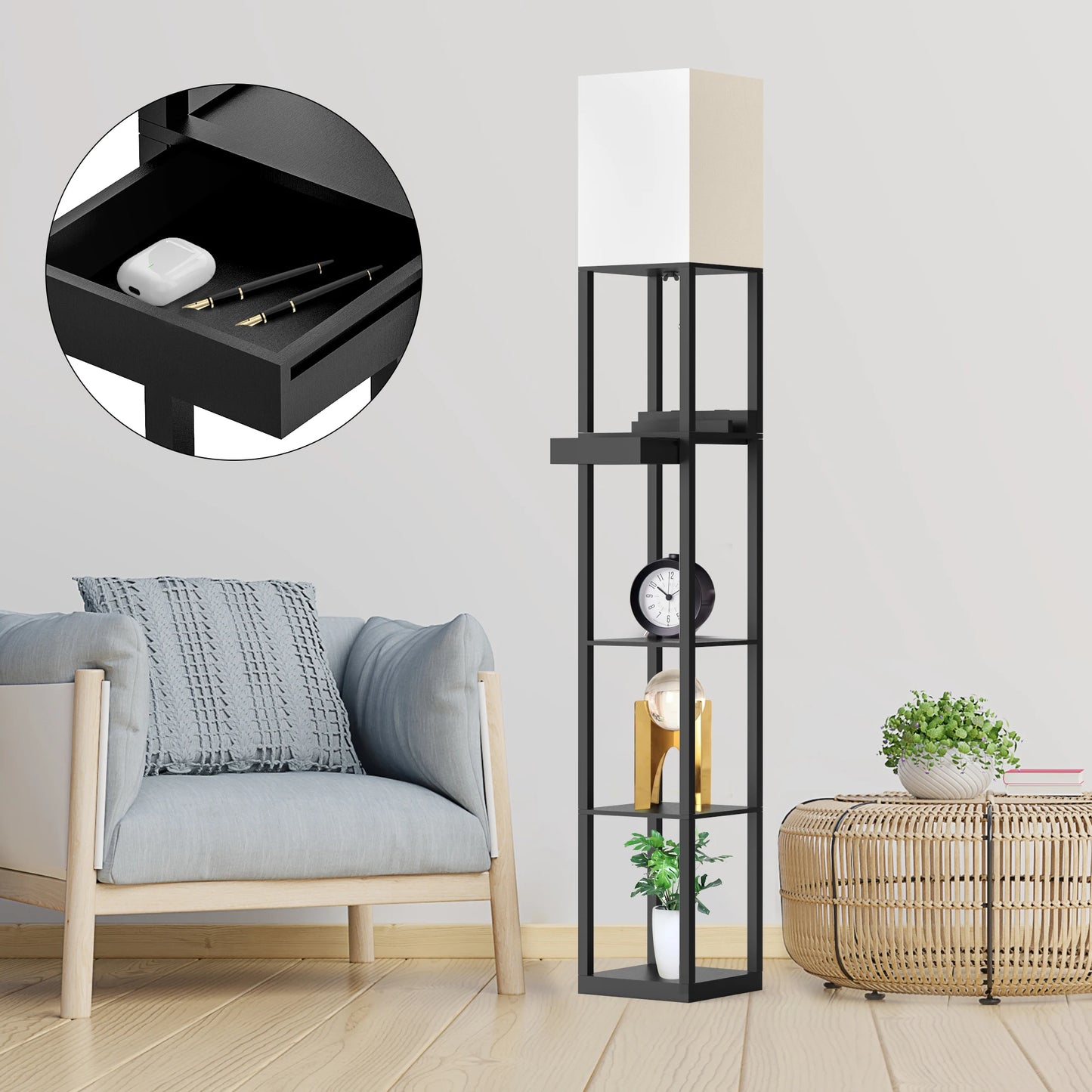 Hign Concerned Floor Lamp With Shelves USB Ports Drawer