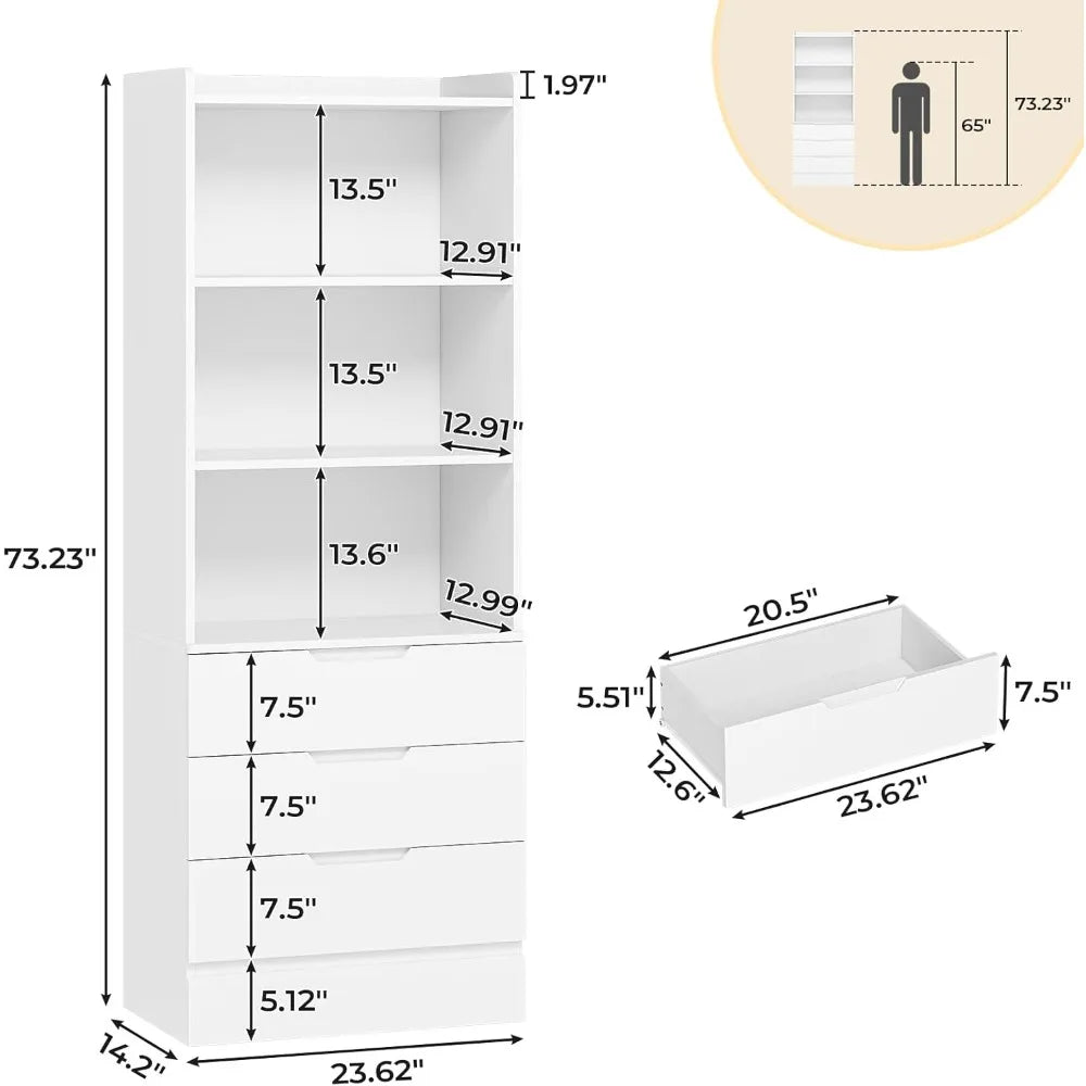 Bookcase Set Of 2 With 3 Drawers And Adjustable Shelves