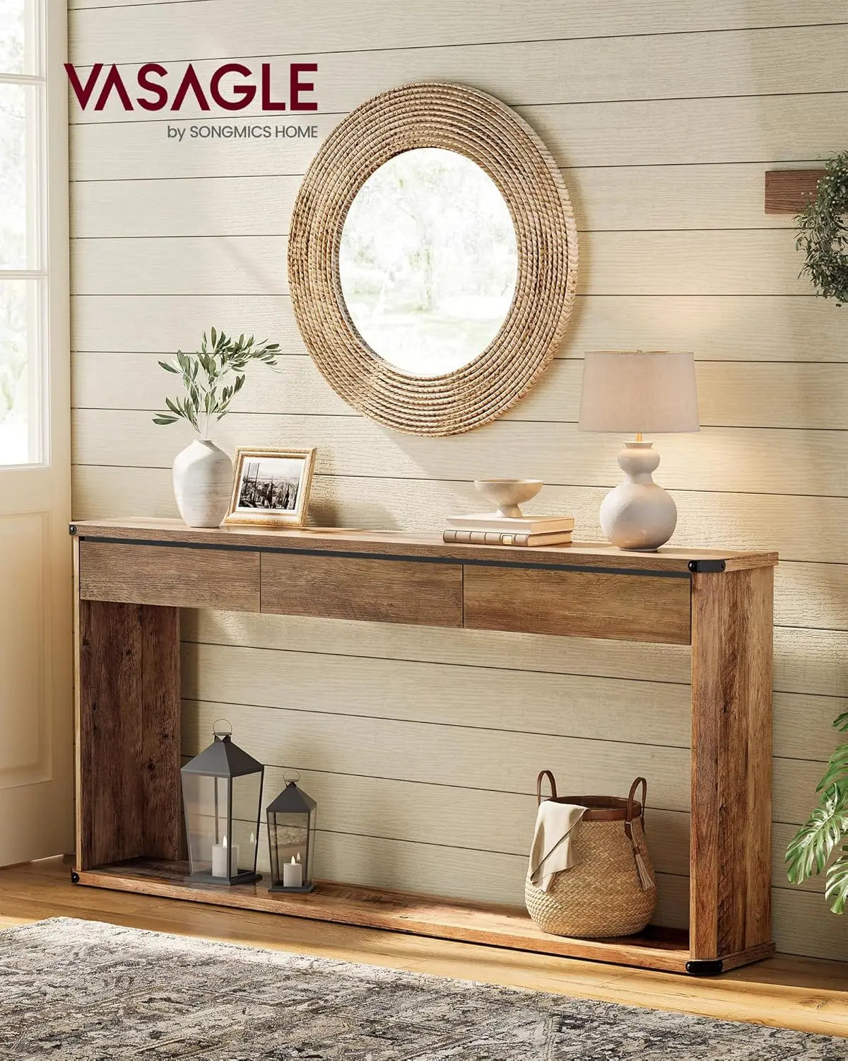 XMSJ Console Table With 3 Drawers And Bottom Shelf Unit