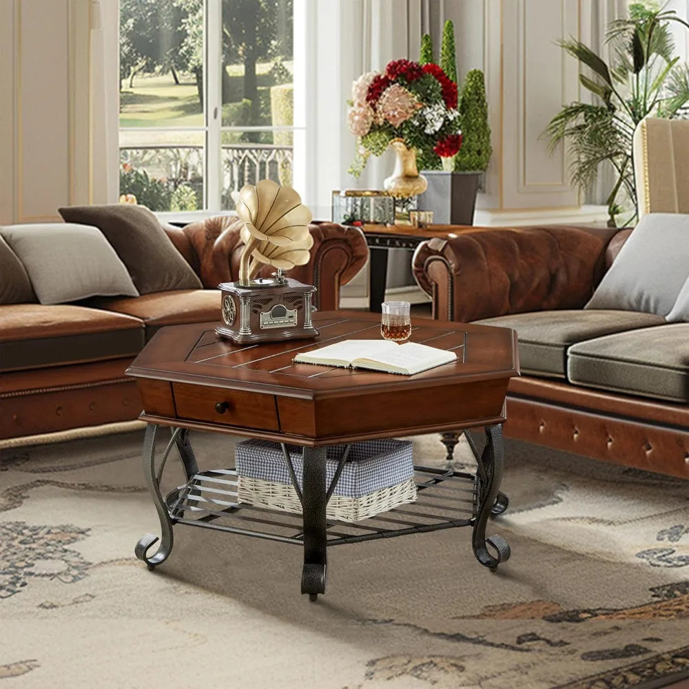 Guangbai 2 Tier Hexagon Wood Coffee Table With Metal Legs