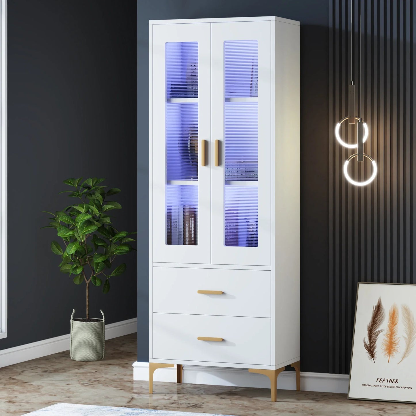 Tribesigns Bookcase With LED Light And Doors Drawers