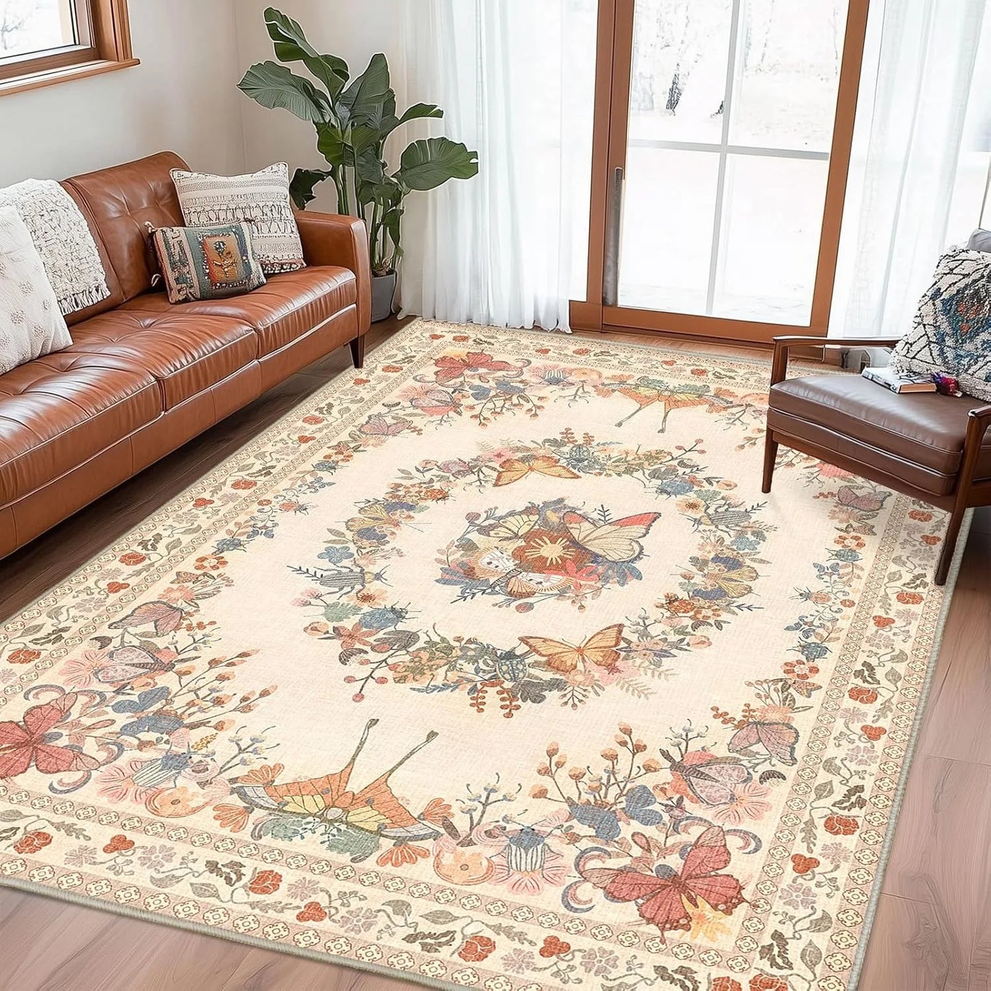 Vintage Living Room Butterfly Floral Area Rug Non Slip Soft Tapis