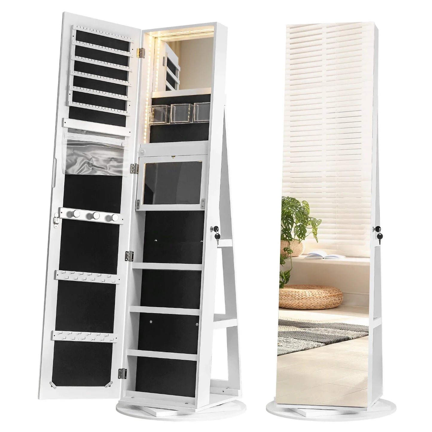 Jewelry Armoire With Mirror Lockable Organizer Shelves