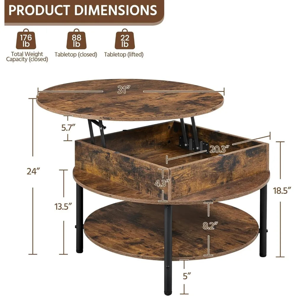 Round Lift Top Coffee Table With Hidden Compartment And Storage